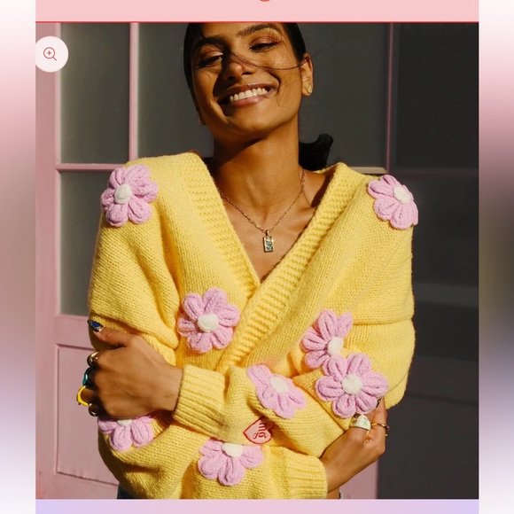 Mure+Grand Flowers Follow the Sun Puff Cardigan Sweater Yellow Pink size S/M - Picture 1 of 7